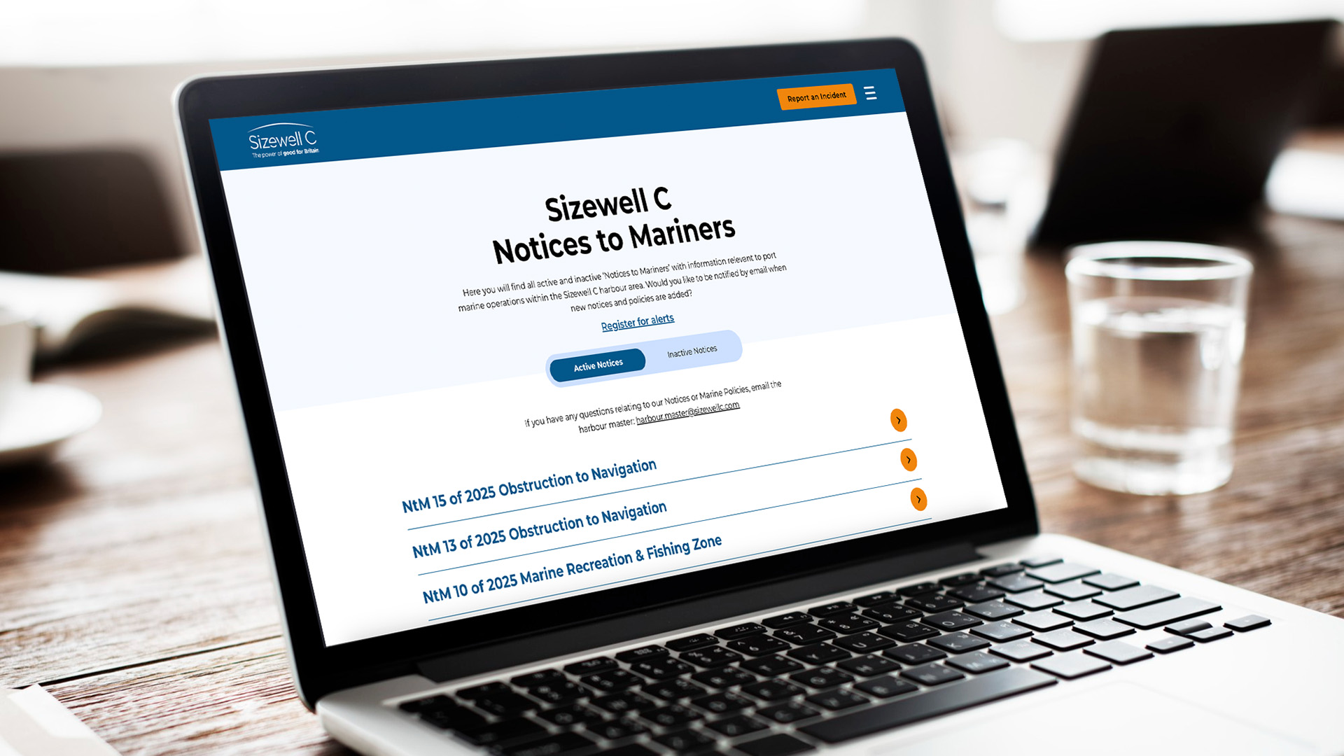 SZC harbour website on a laptop screen – notices to mariners page